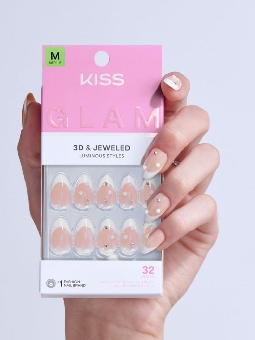 KISS 3D & Jeweled Luminous Nude Press-On Nails with Pink Accents